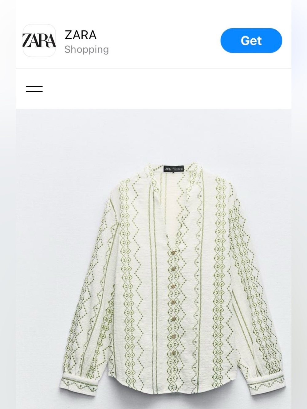 Zara White Blouse with Green Stitching Pattern- Size M